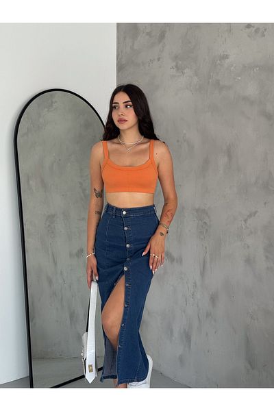 OXEDCO Fustă de damă, cu nasturi în față, lungime maxi, albastru închis din lycra din denim