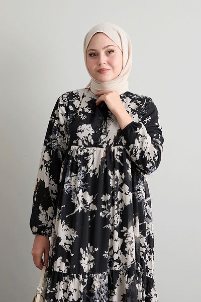 InStyle Schwarzes Chiffonkleid – Blattmuster und Quaste vorne