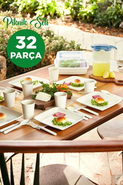 Arsimo 32 Parça Kare Piknik Seti | Piknik Tabak Çatal Kaşık Bıçak Bardak ve S...