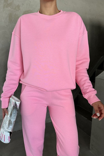 MODAGEN Unisex Pembe Bisiklet Yaka Düz Oversize Alt-Üst Eşofman Takımı