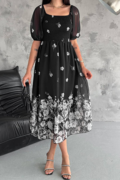 Neşeli Butik فستان شيفون أسود - رقبة مربعة، طباعة، NBQ003