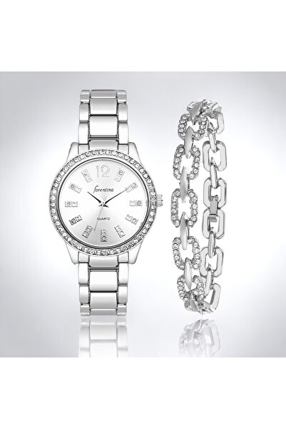 Forentina Gri Metal Kol Saati Taşlı Bileklik Kombin Set Ps3567