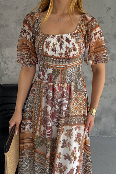 Neşeli Butik NBQ002 - Γυναικείο καλοκαιρινό φόρεμα βισκόζης με τετράγωνο γιακά