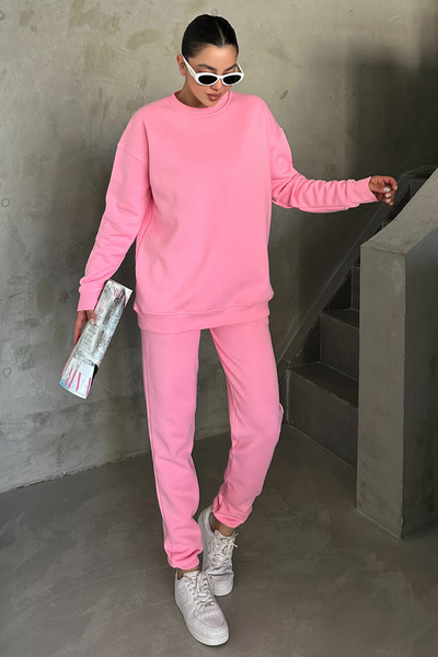 MODAGEN Unisex Pembe Bisiklet Yaka Düz Oversize Alt-Üst Eşofman Takımı
