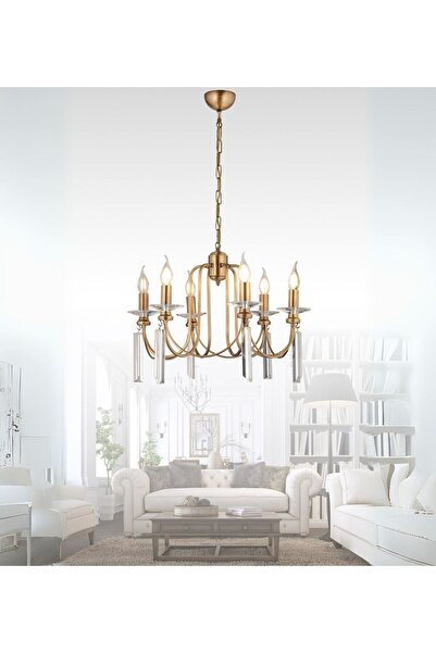 RONİSU AYDINLATMA Kontes 6'lı Klasik Salon Oturma Odası Avize Rustik Kristal Taşlı Avize