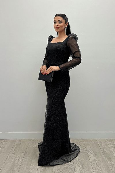 giyimmasalı Glittery Tulle Fabric Square Collar Fish Dress - BLACK