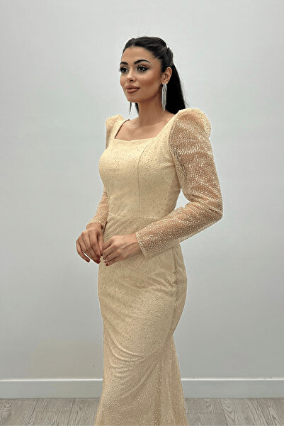 giyimmasalı Simli Tül Kumaş Kare Yaka Balık Elbise - BEJ