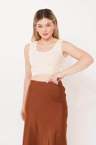 Hipo Trend Бежевий кроп-топ з трикотажу - з каменями