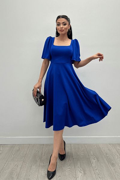 giyimmasalı Crepe Fabric Square Collar Midiboy Evening Dress - SAKS BLUE