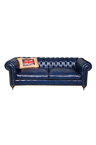 3A Mobilya Lacivert Hakiki Deri Chesterfield 230X90X80 CM