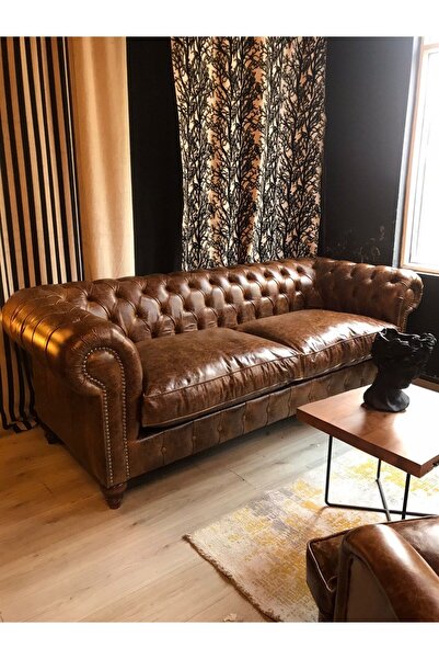 3A Mobilya 3A MOBİLYA HAKİKİ DERİ ENGLİSH PULLAP CHESTERFİELD TAKIMI