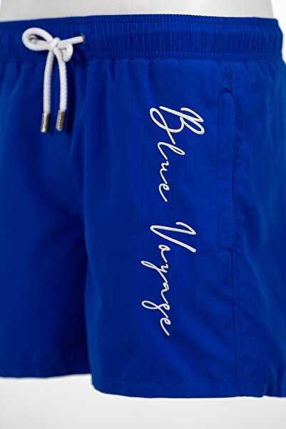 Miami Beach Erkek Saks Mavi Hızlı Kuruyan Kumaş Üç Cepli Üzeri Nakışlı Standart Boy Mayo Deniz Şortu