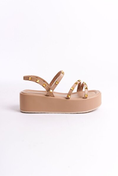 ZİESCE Women's Nude Cross-Strapped Gold Trock Flat Wedge Sandals Shoes