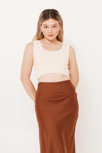 Hipo Trend Бежевий кроп-топ з трикотажу - з каменями