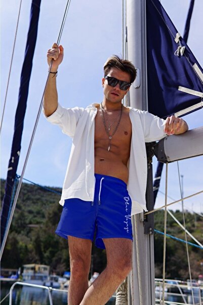 Miami Beach Erkek Saks Mavi Hızlı Kuruyan Kumaş Üç Cepli Üzeri Nakışlı Standart Boy Mayo Deniz Şortu