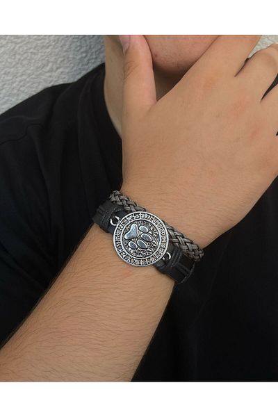 BSN Store 2-Piece Figured Scandinavian Bear Claw - Wide Genuine Leather Bracelet