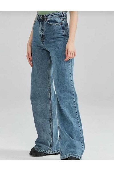 Trn JNS Alfie Mid Blue - Pantaloni Palazzo din denim largi cu talie super înaltă din Lycra