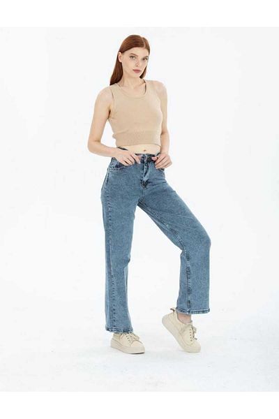 Trn JNS Cyrus Medium - Μπλε Lycra Snow Wash, Super ψηλόμεσο φαρδύ τζιν παντελόνι Palazzo