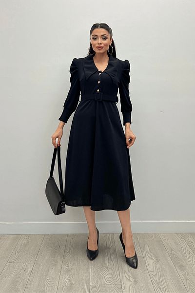 giyimmasalı Crepe Fabric Collar Detailed Midi Dress - BLACK