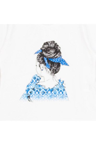 wakawakakidsstore Tricou pentru fetiță cu decolteu rotund cu imprimeu Silhouette - alb/albastru