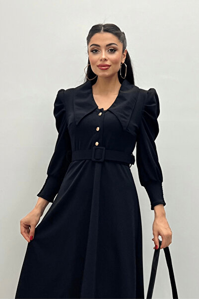 giyimmasalı Detailní midi šaty z krepové tkaniny - ČERNÉ