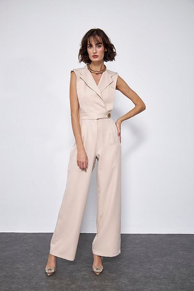 Tuba Butik Double Breasted Collar Beige Women's Jumpsuit