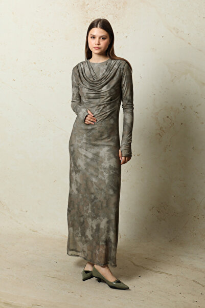 ZÜLAYS Batik Desen Tül Elbise Haki