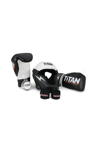 Titan Sport Siyah Beyaz Serisi Özel Takım Set , Boks Kaskı, Boks Eldiveni, Dişlik, Bandaj