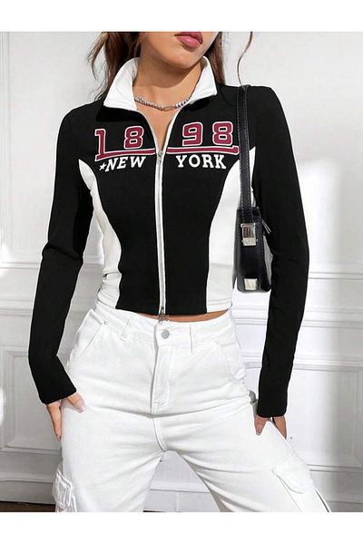 Gofeel 1898 New York Zippered Long Sleeve Crop Top