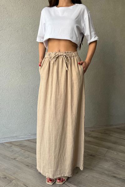 Seda Yalçın Atelier Довга лляна спідниця - колір візону, з деталями на талії