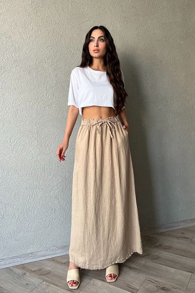 Seda Yalçın Atelier Long Linen Skirt - Mink Color with Tie Waist Detail