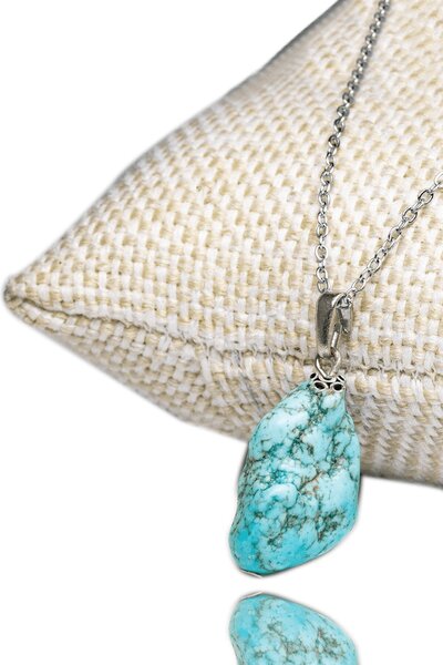 Tesbih Atölyesi Natural Turquoise Stone Certified Necklace and Earring Set - Raw Embroidered (Turquoise Stone)