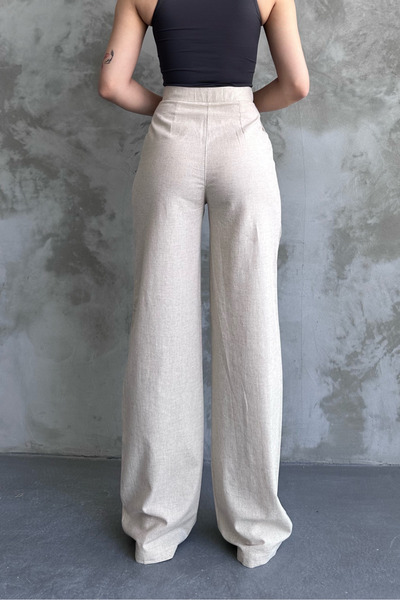 macharelbasic Γυναικείο παντελόνι από ελαφρύ λινό και μουσελίνα - φαρδύ πόδι με Velcro