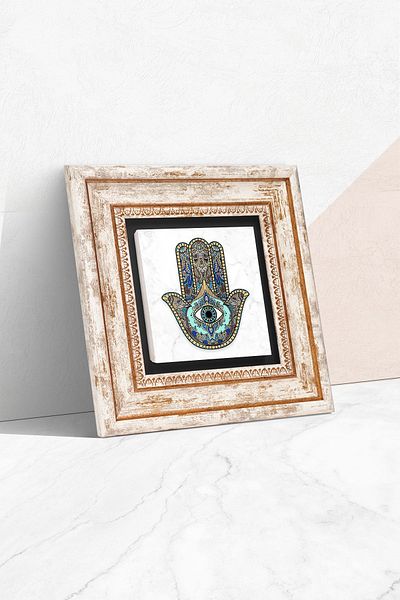 Pinecone Fatma Mother Hand (Hamsa) Stone Wall Painting Framed Wall Decor Wall Art