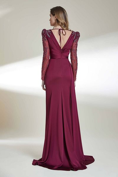 Kenzel Long V-neck Transparent Sleeve Slit Dress