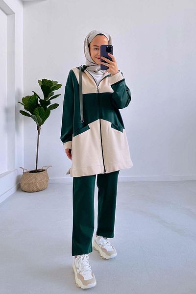 Ka Hijab Emerald Color Block Hooded Two Thread Set