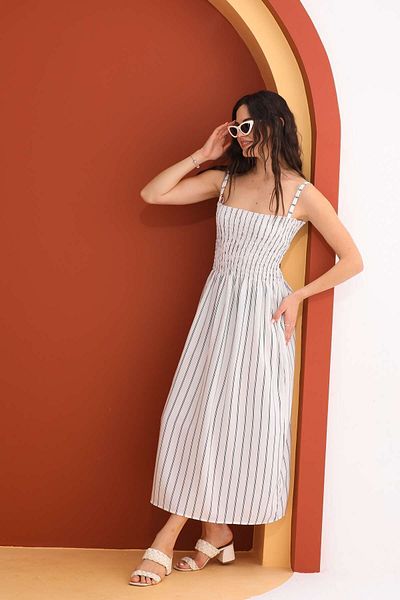 REELMODA Women's Summer Dress with Thin Straps and Gipe - Cotton Viscose Striped
