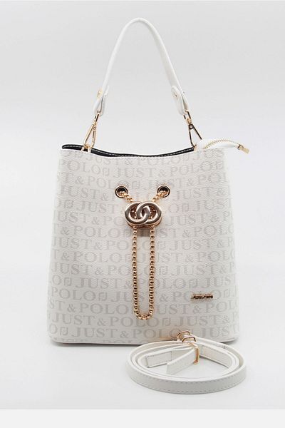 Just Polo Monogram Printed White Women's Bag - Long Strap, 3 Compartments PBU5602