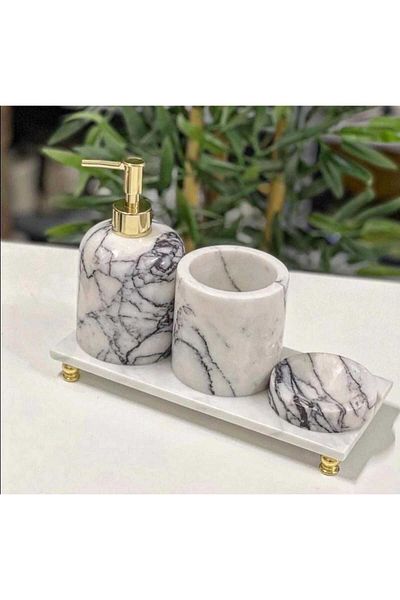 Sümeyra Marble Art LEYLİ- ΣΕΤ ΜΠΑΝΙΟΥ ΜΑΡΜΑΡΙΚΟ ΛΙΛΑ ΜΕ ΧΡΥΣΗ ΚΟΡΥΦΑΙΑ ΛΕΠΤΟΜΕΡΗ- 4 ΤΕΜΑΧΙΑ