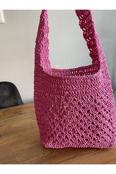 MAAR Ev Concept Pembe El Örgüsü Hasır File Üçgen Desenli Kol Çantası Yazlık Ç...