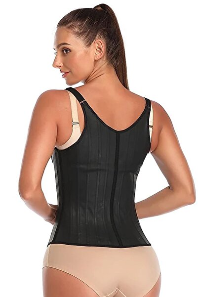 Dr. Fitto Latex Çelik Balenli Kopçalı Vücut Şekillendirici Askılı Tip Korse Siyah Dr301