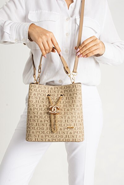 Just Polo Mink Monogram Printed 3 Compartment Long Strap Women's Hand and Shoulder Bag PBU5602