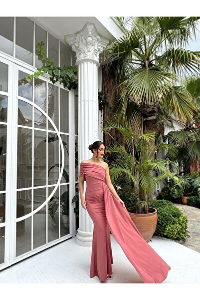 Mekafashion Ewo Kuyruklu Tek Omuz Abiye 582108 GÜL