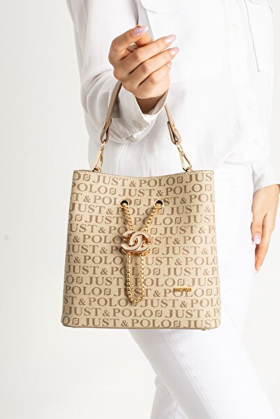 Just Polo Mink Monogram Printed 3 Compartment Long Strap Women's Hand and Shoulder Bag PBU5602