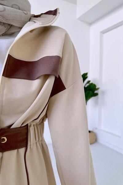 Ka Hijab Beige Striped, Rubber Waist, 2-Piece Hijab Set - Two Thread