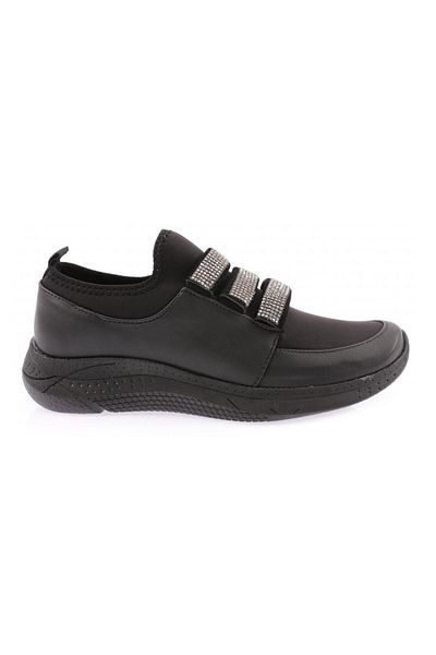 DGN Women's Stretch Front 3 Stripes Stone Buckle Shoes Black 1743225