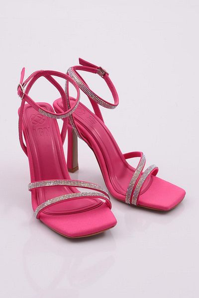 DGN 2026 Sandale cu toc pentru femei, argintiu, cu curea la gleznă, din satin fucsia