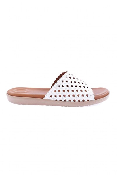 DGN White Laser Detailed Women's Slippers - Genuine Leather