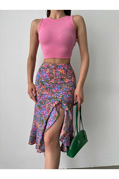 ubmbutik Γυναικεία φούστα Midi με λουλούδια - Ύφασμα με σχισμή και τσακίσμα