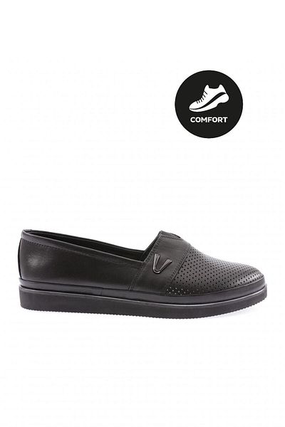 DGN Women's Laser V Buckle Rubber Detailed Comfort Shoes Black Genuine Leather 6463222